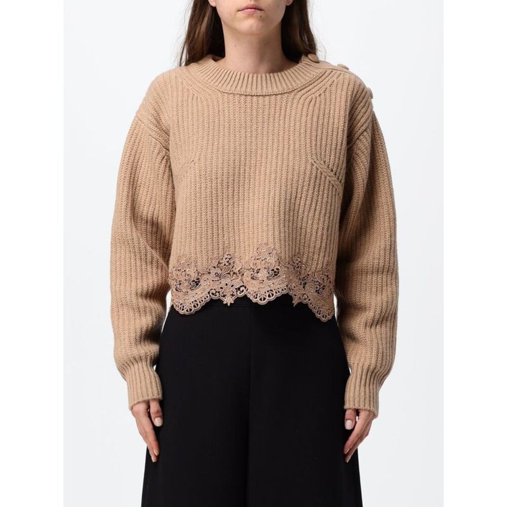 Chloe Women Chloe Wool And Cashmere Crewneck Jumper With Lace Inserts At The Hem